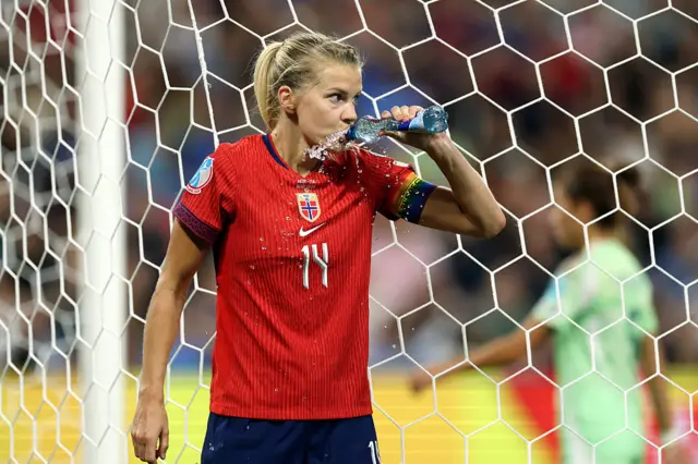 Ada Hegerberg of Norway takes a drink of water during the UEFA Women's EURO 2025 Quarter-Final match between Norway and Italy at Stade de Geneve on July 16, 2025 in Geneva, Switzerland.