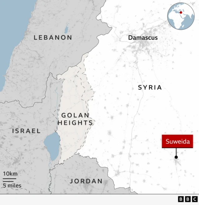 Map of southern Syria. It shows the location of Israel, the Israeli-occupied Golan Heights, Jordan and Lebanon. The locations of the capital Damascus and south-western city of Suweida are also marked.
