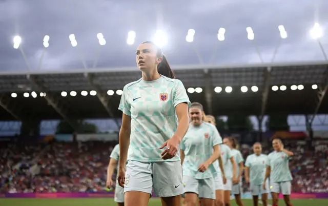 Ingrid Syrstad Engen of Norway looks on during the warm up prior to the UEFA Women's EURO 2025 Quarter-Final match between Norway and Italy at Stade de Geneve on July 16, 2025 in Geneva, Switzerland.
