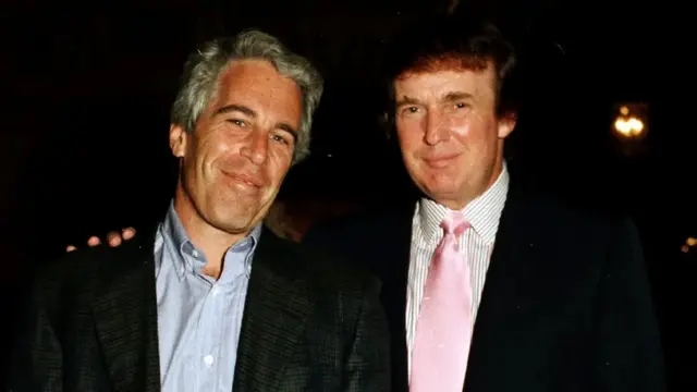 A young Donald Trump poses for a photograph with disgraced financier Jeffrey Epstein.