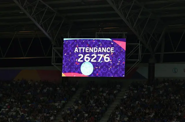 A general view inside the stadium as the LED screen displays the attendance figure of 26,276 during the UEFA Women's EURO 2025 Quarter-Final match between Norway and Italy at Stade de Geneve on July 16, 2025 in Geneva, Switzerland.