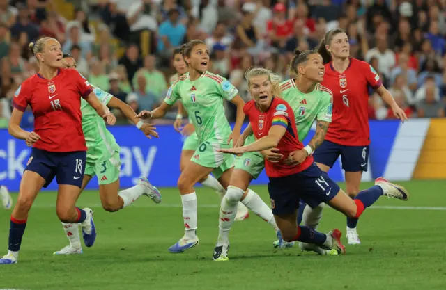 Italy's Elena Linari fouls Norway's Ada Hegerberg to concede a penalty