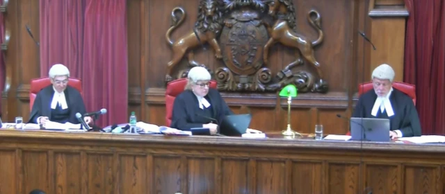Three appeal court judges sitting next to each other. They are wearing their white wigs and black gowns and sitting behind a wooden pannelled long desk