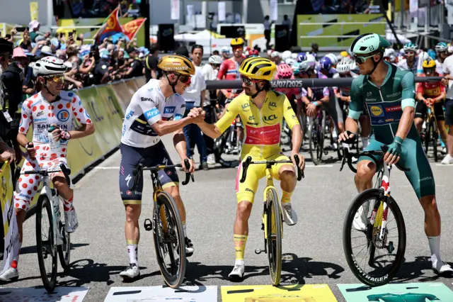 Coloured jersey riders before stage 11 of the 2025 Tour de France