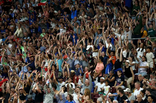 Fans of Italy enjoy the match atmosphere during the UEFA Women's EURO 2025 Quarter-Final match between Norway and Italy at Stade de Geneve on July 16, 2025 in Geneva, Switzerland.