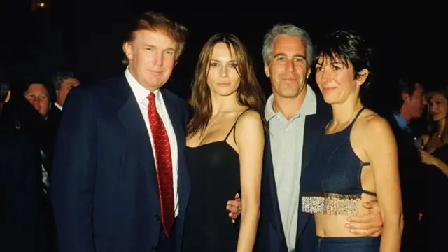 Donald Trump and Jeffrey Epstein pose for a photograph with Melania Knauss and Ghislaine Maxwell.