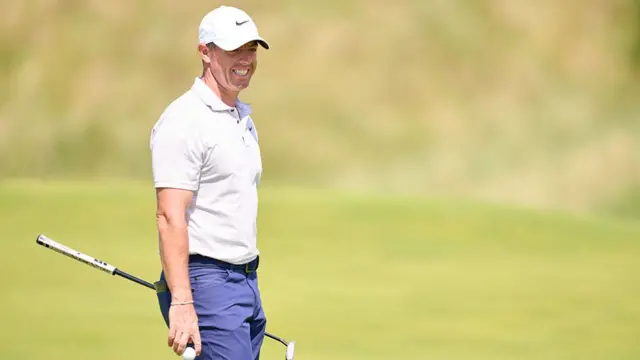 Rory McIlroy smiles on a practice round at Royal Portrush
