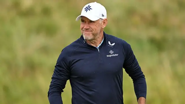Lee Westwood smiling at Royal Portrush for the 153rd Open Championship