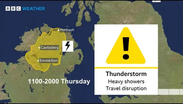 A BBC weather graphic of the Northern Ireland forecast showing rain from 1100-2000