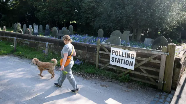A woman and dog walk past a polling station sign attached to a gate