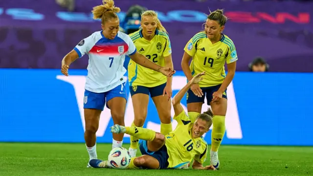 Lauren James #7 of England battles for the ball with Filippa Angeldahl #16 of Sweden