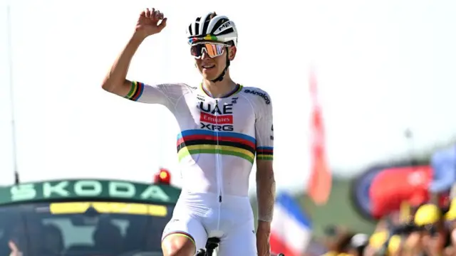 Tadej Pogacar celebrates winning stage 12 of the 2025 Tour de France