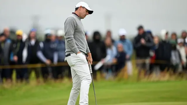 Rory McIlroy looks upset after a bogey at the 2025 Open Championship