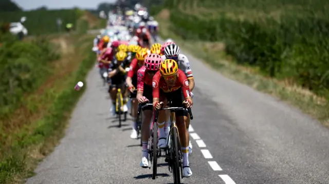 Magnus Cort leads the peloton during stage 12 of the 2025 Tour de France