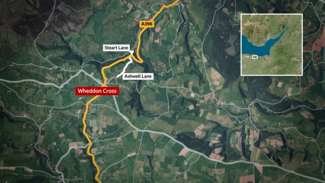 A graphic showing Exmoor with the village of Wheddon Cross marked in red as well as the locations Steart Lane and Ashwell Lane. A yellow line marks the A396.