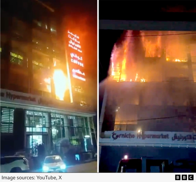 Two side-by-side still images showing the mall ablaze