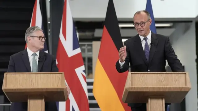 Prime Minister Sir Keir Starmer and German Chancellor Friedrich Merz hold a press conference during a visit to the Airbus factory in Stevenage, Hertfordshire.