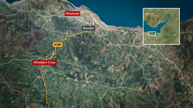 A map graphic showing the location of the bus crash at Wheddon Cross in Somerset, showing the wider county and the coast