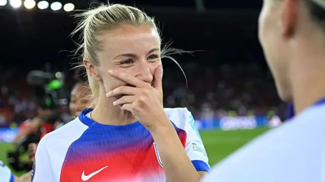 Leah Williamson of England celebrates following the teams victory and progression to the semi-final at the end of the UEFA Women's EURO 2025 Quarter-Final match between Sweden and England at Stadion Letzigrund