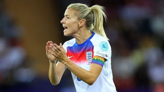 Leah Williamson of England reacts, while wearing the Rainbow UEFA Respect captain's armband during the UEFA Women's EURO 2025 Quarter-Final match between Sweden and England at Stadion Letzigrund
