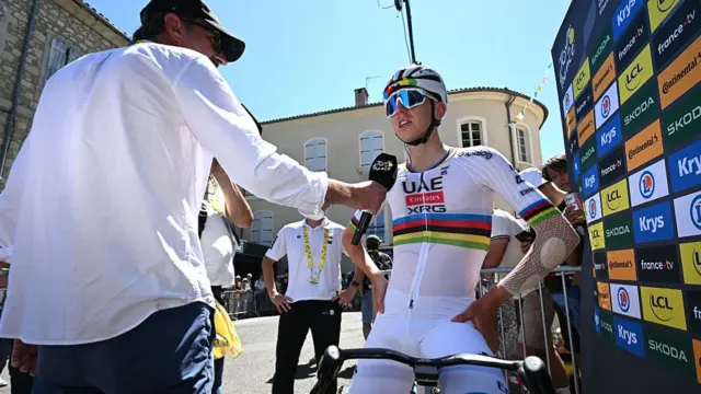 Tadej Pogacar speaking to media before stage 12 of the 2025 Tour de France