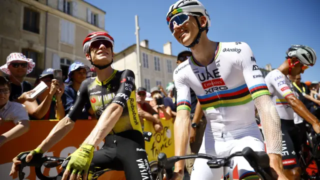 Jonas Vingegaard and Tadej Pogacar before the start of stage 12 of the 2025 Tour de France