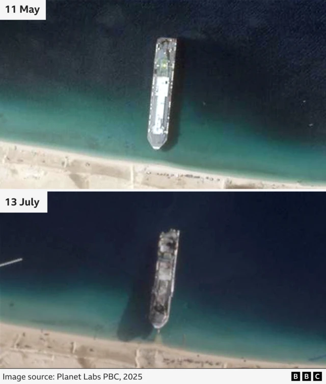 A side-by-side of two satellite images of the Galaxy Leader. The first is from 11 May. The second from 13 June. In the second photo, parts of the deck appear blackened and a part of the ship’s stern looks damaged.