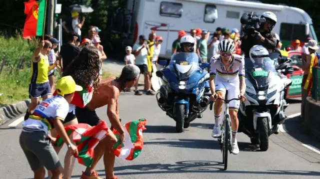 Tadej Pogacar climbing en route to winning stage 12 of the 2025 Tour de France