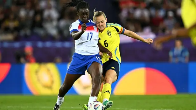 England's forward #17 Michelle Agyemang fights for the ball with Sweden's defender #06 Magdalena Eriksson