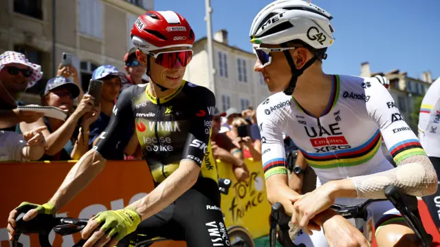 Jonas Vingegaard and Tadej Pogacar before stage 12 of the 2025 Tour de France