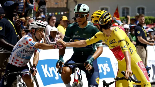 Lenny Martinez, Jonathan Milan and Ben Healy before stage 12 of the 2025 Tour de France