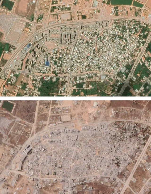 Satellite images of the village of Izbat Beit Hanoun in August 2023 and May 2025