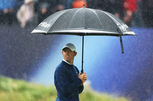 Rory McIlroy under an umbrella