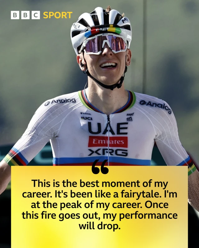 Graphic with quote from and image of Tadej Pogacar