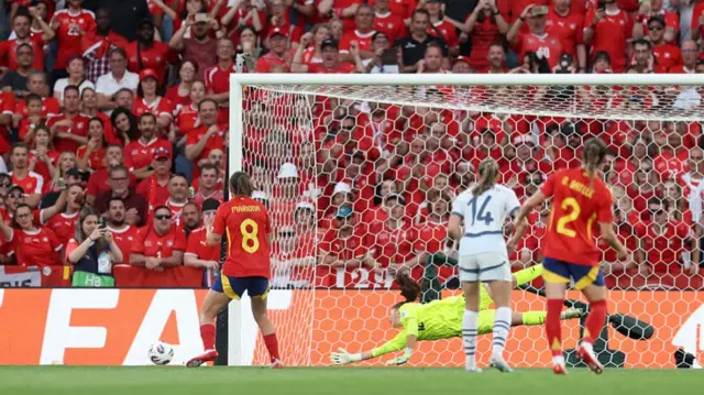 Mariona Caldentey of Spain misses a penalty