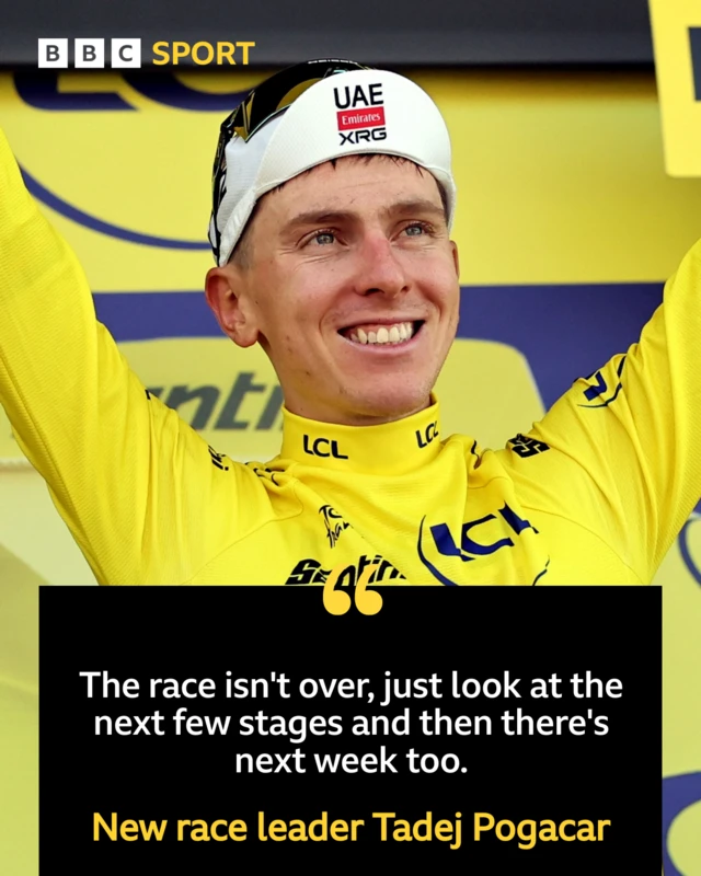 Graphic with quote from and image of Tadej Pogacar