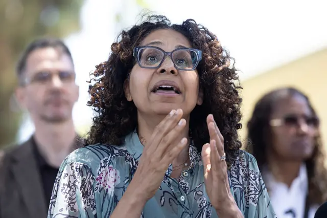 Representative Sydney Kamlager-Dove, a Democrat from California pictured at a press event
