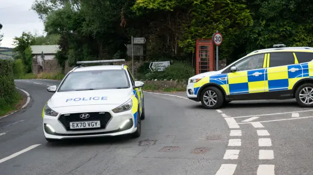 Two police cars on the road. One is driving towards the camera, one is turning onto the road. It looks like a small village and there is a red phone box in the background.