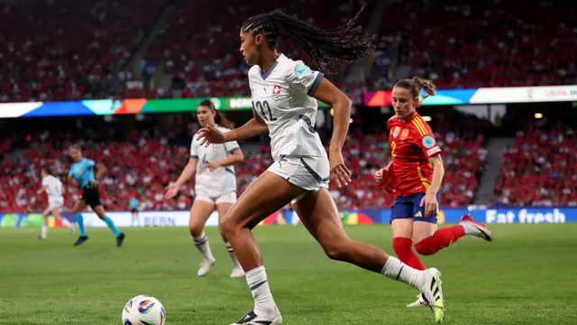 Sydney Schertenleib of Switzerland runs with the ball under pressure from Ona Batlle