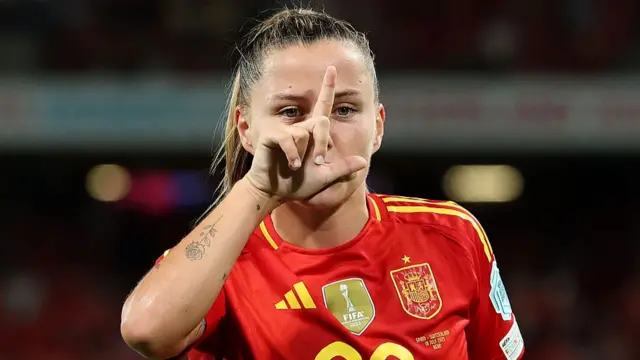 Claudia Pina of Spain celebrates scoring her team's second goal