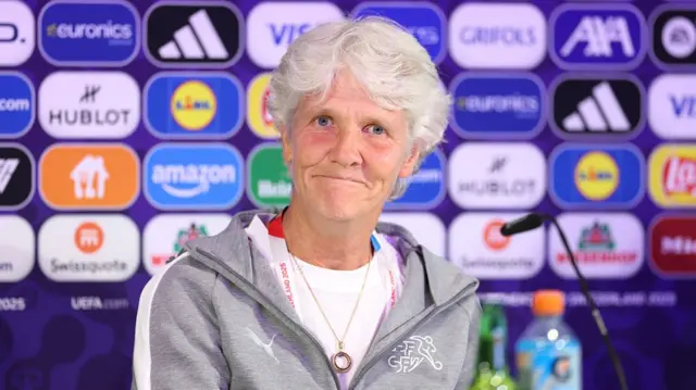 Pia Sundhage, Head coach of Switzerland speaks to the media