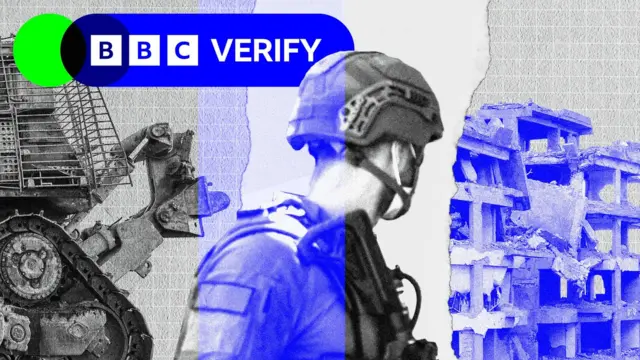 A soldier holding a rifle is imposed over a bulldozer and an image of a ruined building in Gaza.