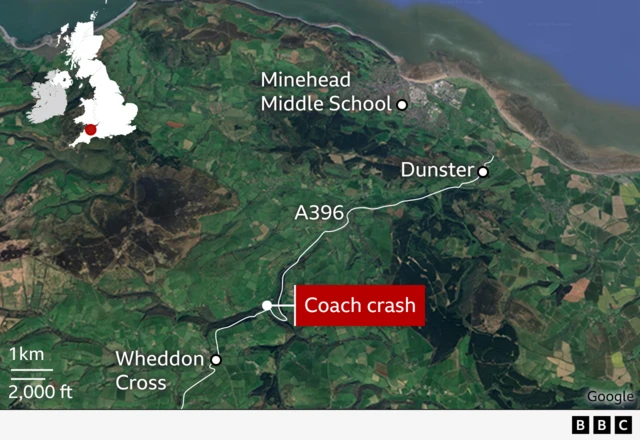 An aerial satellite map showing part of the A396 running