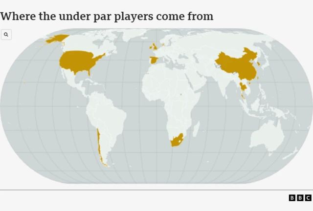 A map that highlights where players in the top 32 after day one of the Open come from