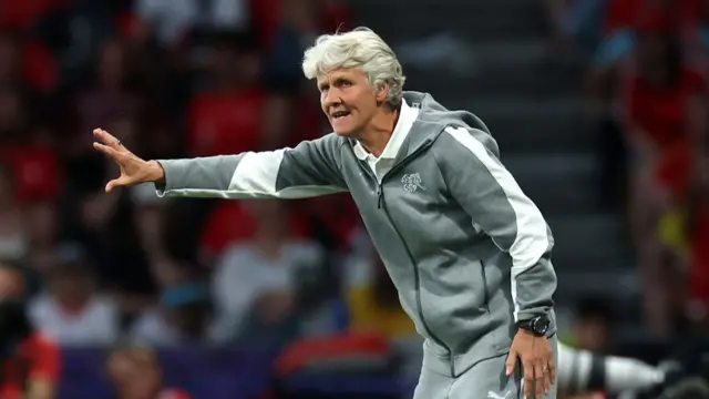 Pia Sundhage, Head Coach of Switzerland, gestures as she gives the team instructions