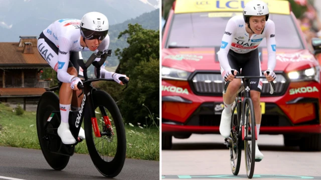 Split image of Tadej Pogacar's two bikes during the time trial at the 2023 Tour de France