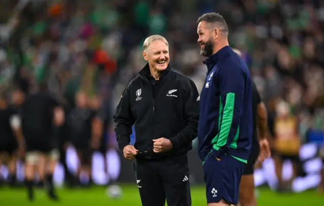 Former New Zealand assistant coach Joe Schmidt, left, and Ireland head coach Andy Farrell before the 2023 Rugby World Cup quarter-final