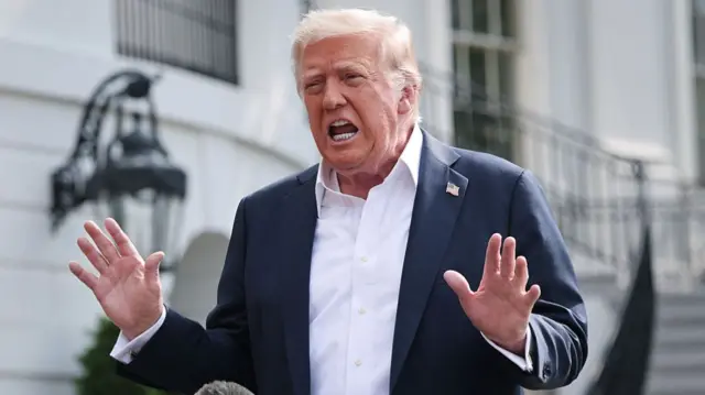Donald Trump raises his hands outside the White House
