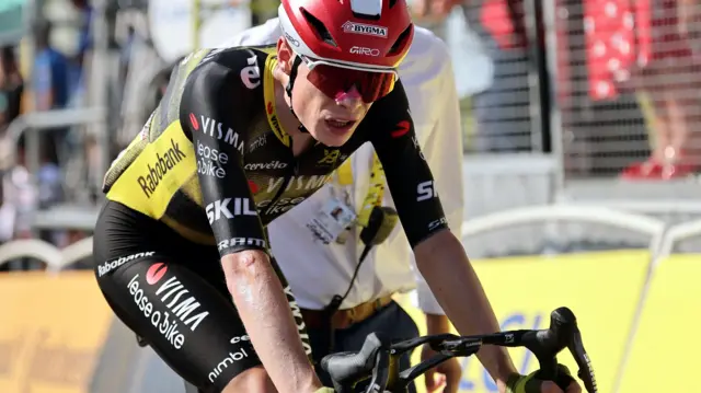 Jonas Vingegaard looks exhausted as he crosses the finish line after stage 12 of the 2025 Tour de France