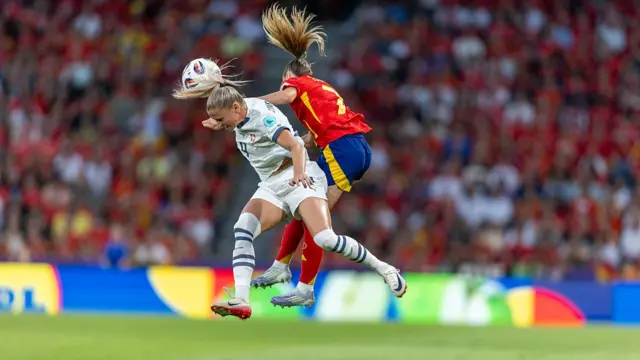 Ana-Maria Crnogorcevic of Switzerland (L) fights for heading the ball with Olga of Spain